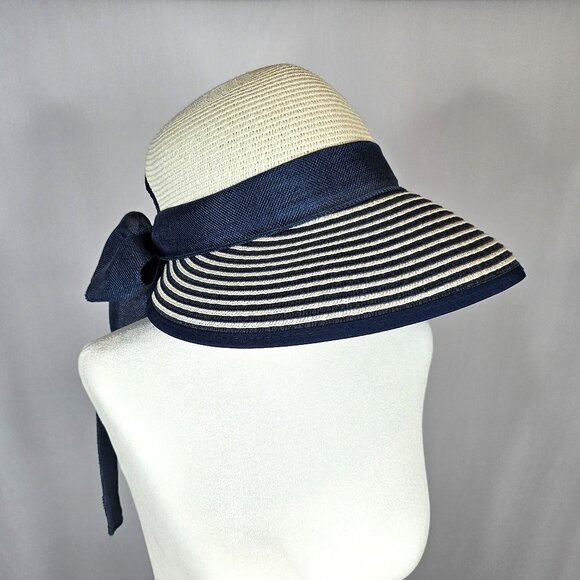 Accessories - Wide Brim Sun Hat with Bow, Adjustable, Navy Blue and White